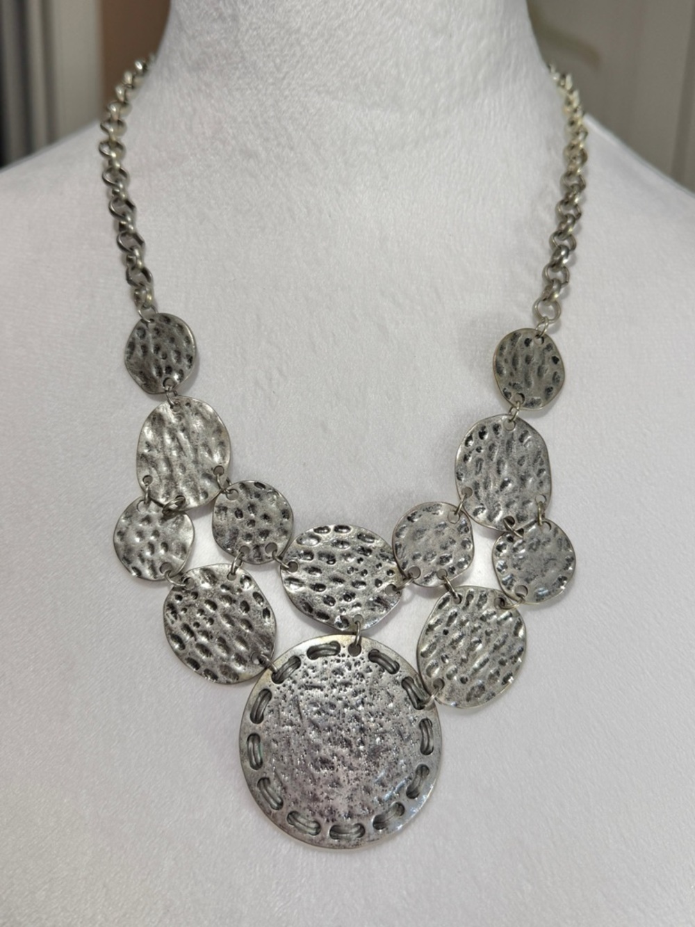 Ruby Rd Silver Tone Antiqued Hammered Coin Bib Necklace Chunky Boho